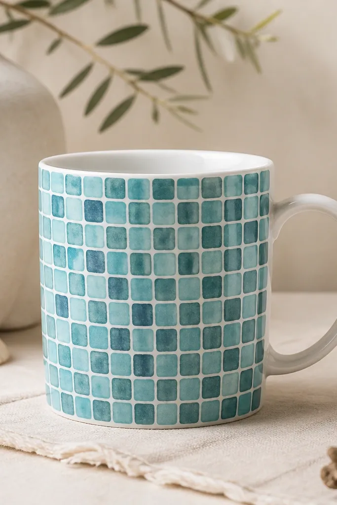 A mug with a repeating ocean-tile pattern: small rounded squares in aqua and teal separated by thin white lines; the pattern wraps cleanly around the cup.