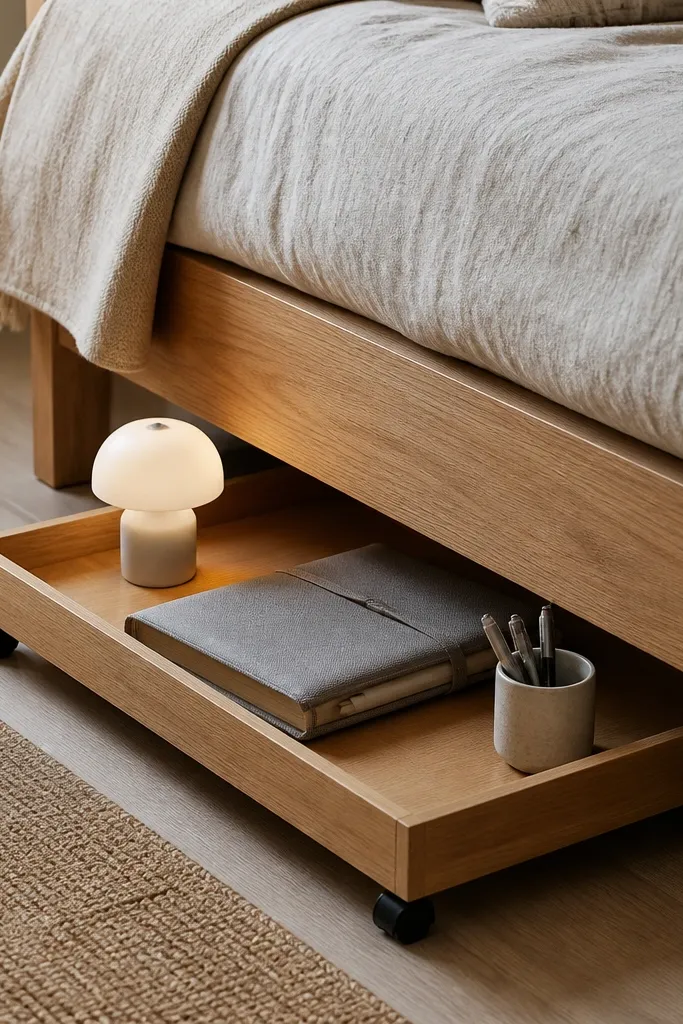 A low rolling tray under a bed with a mini lamp, a closed notebook in a fabric sleeve, and a small cup of pens; the tray slides out smoothly.