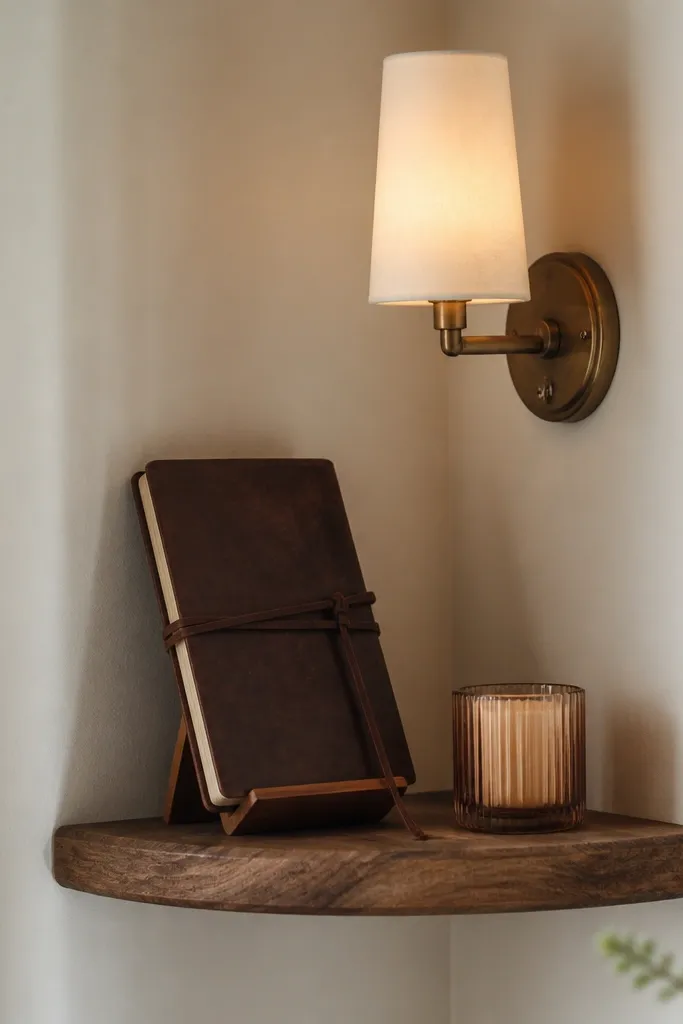 A small wall shelf in a corner with a diary on a stand, a warm-toned candle in a glass holder (unlit), and a plug-in wall sconce above.