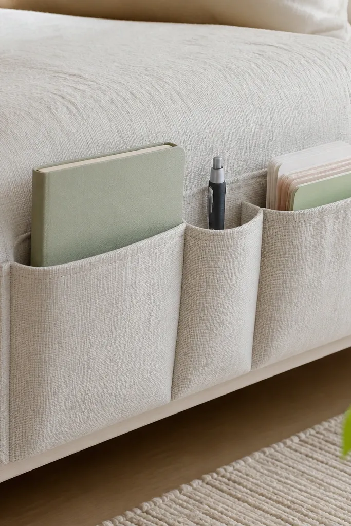 A fabric organizer with multiple pockets hangs over the side of a bed, holding a slim diary, a pen with a rubber grip, and a small stack of journaling cards.