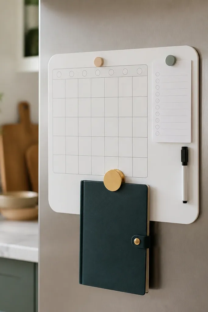 A compact magnetic whiteboard on a refrigerator side with a small calendar grid, a tiny checklist, and a magnetic diary cover clipped to the bottom.