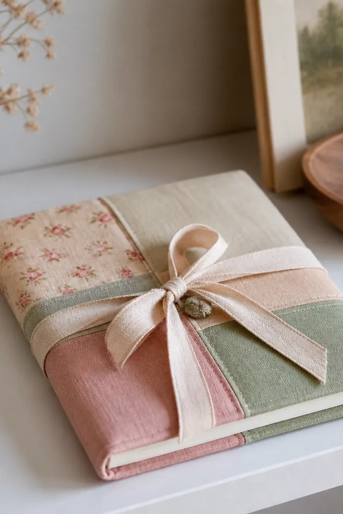 A neatly wrapped diary with a soft fabric cover tied with a ribbon; scrap fabric panels create a patchwork look and the diary stays flat on a shelf.