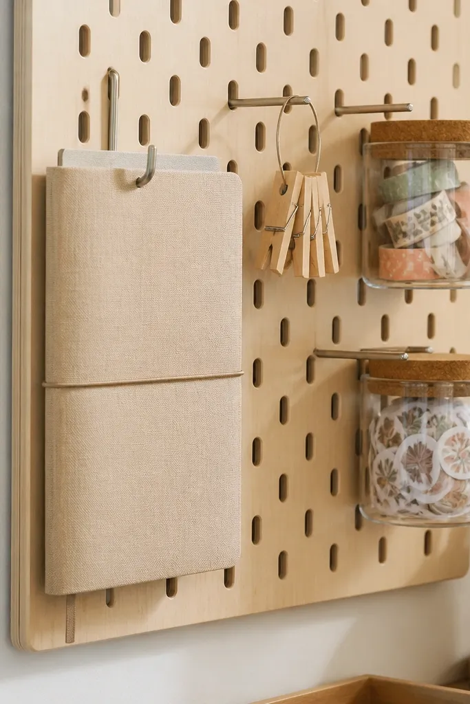 A small pegboard section with hooks holding a diary, clothespins for page clips, and labeled small jars for washi tape and stickers.