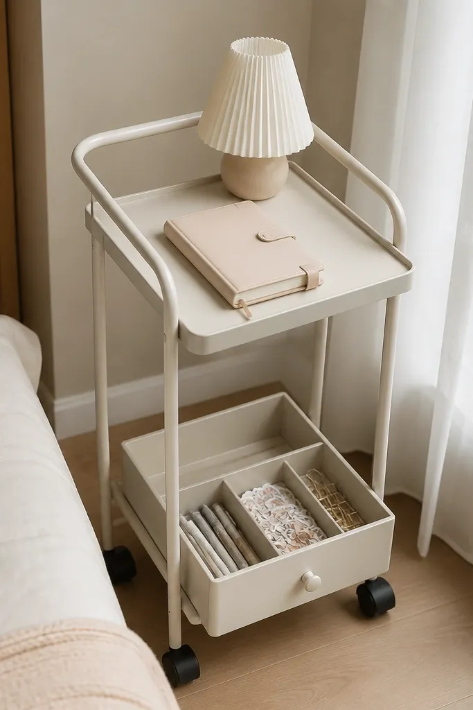 A narrow rolling cart with a top shelf holding a diary and a small lamp; the bottom drawer has labeled compartments for pens, stickers, and paper clips.