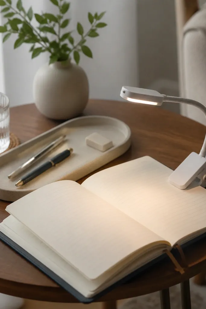 A clip-on book light attached to the edge of an open diary on a small side table; a tray holds pens and a small eraser.