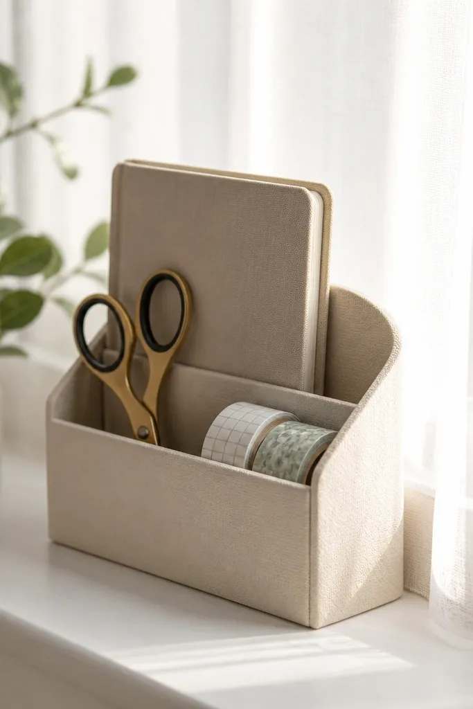 A small caddy on a window ledge holding a slim diary, a pair of scissors, and washi tape; sheer curtains create soft daylight.
