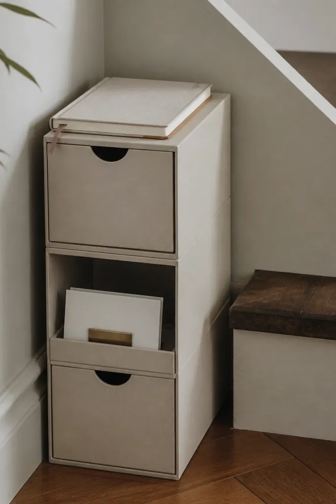 A vertical stack of three slim riser boxes in a stairwell corner; the diary sits on the top riser with a small card holder below.