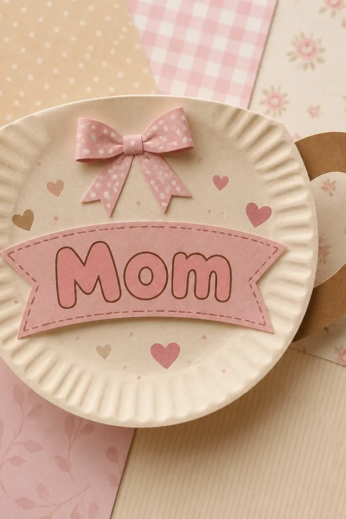 A paper plate craft shaped like a mug: the plate forms the cup body, with a curled handle made from brown paper; the front has a banner reading “Mom” in bubble letters and a small bow; warm beige and pink pattern paper surrounds it.