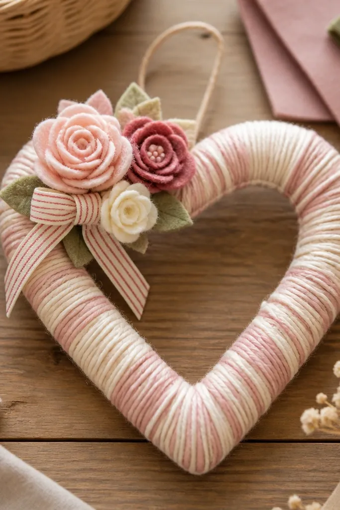 A small heart-shaped wreath made from a cardboard heart base wrapped in blush pink and cream yarn; a few felt flowers and a tiny striped ribbon are glued near the top; the background shows a cozy craft table.