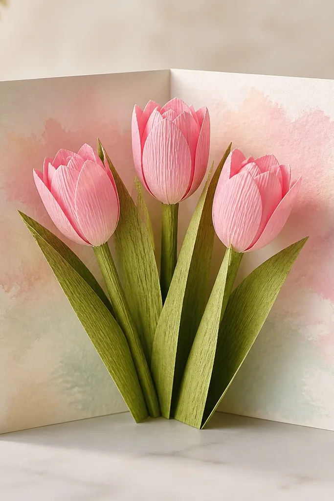 A folded greeting card with three crepe paper tulips popping up; the tulip petals are layered pink crepe strips with green paper leaves; the card background is textured with a light watercolor wash.