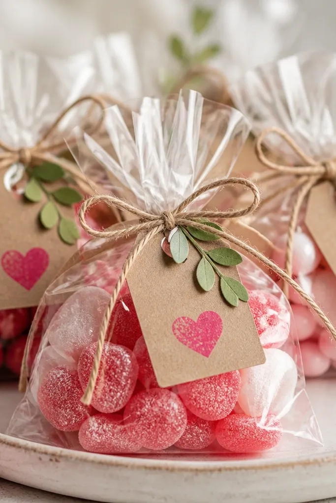 A set of small gift tags made from kraft cardstock tied to mini treat bags; each tag has a stamped pink heart and a handwritten “Mom, thanks for the sweetness” message; twine and a tiny sprig of paper leaves decorate each tag.