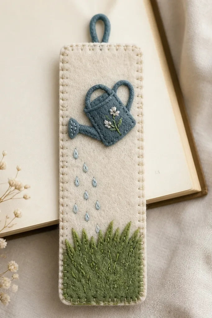 A rectangular felt bookmark with a stitched border; a small felt watering can sits on top with embroidered raindrops; green felt grass covers the bottom edge; the top has a loop for hanging.