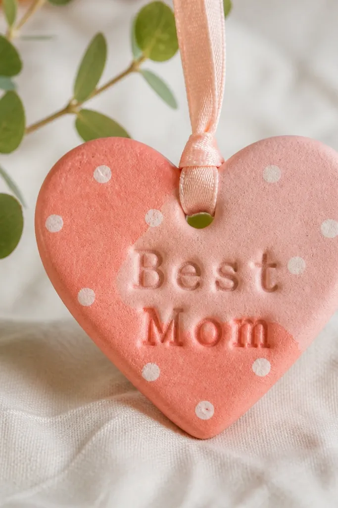 A small salt dough ornament shaped like a heart with “Best Mom” stamped into the center; it’s painted in soft coral and pale pink with white dots; a ribbon loops through the top hole.