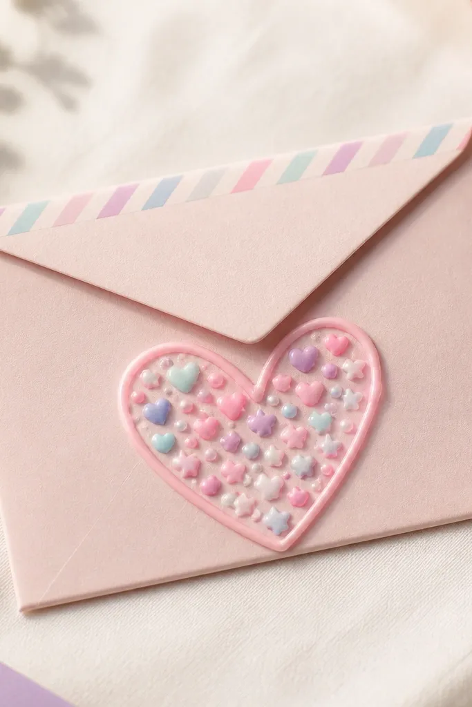 A small envelope made from pastel paper with a big heart in the center; the heart is outlined with puff paint or 3D glue and filled with tiny puffy stickers; the flap has a handwritten message and a striped washi tape border.