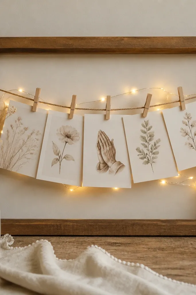 A wooden frame with a twine line across the middle, tiny clothespins clipped to small prayer cards, and a string of warm white fairy lights behind the cards.