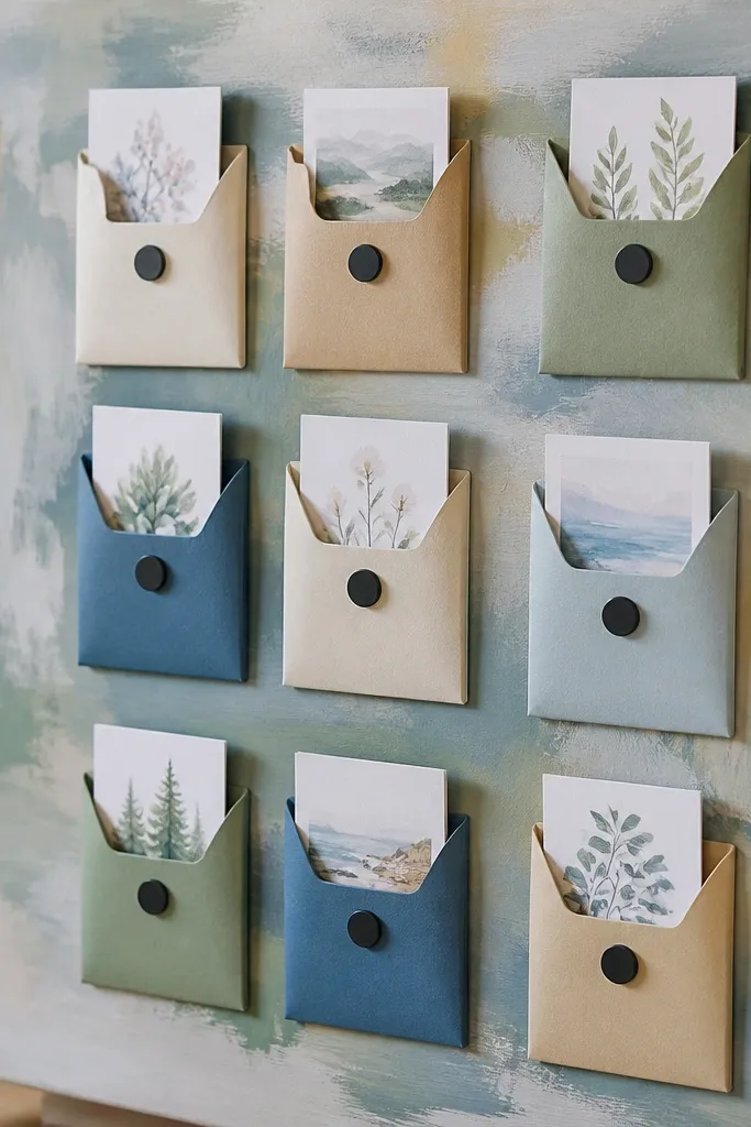 A painted foam board with small paper envelopes stuck to a metal sheet using magnets, each envelope with a label sticker and a magnet-backed prayer card inside.