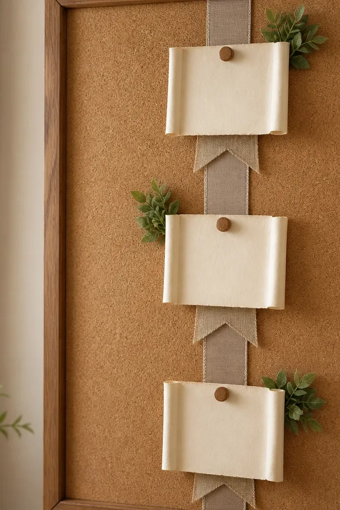 A cork board with a vertical ribbon strip divided into three sections labeled “Yesterday,” “Today,” and “God’s Faithfulness,” with small scroll-style cards pinned along the ribbon.