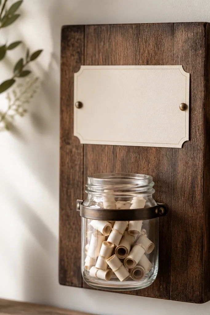 A board with a small mason jar attached at the bottom, filled with rolled paper prayers, and a label card that reads “Answered.”