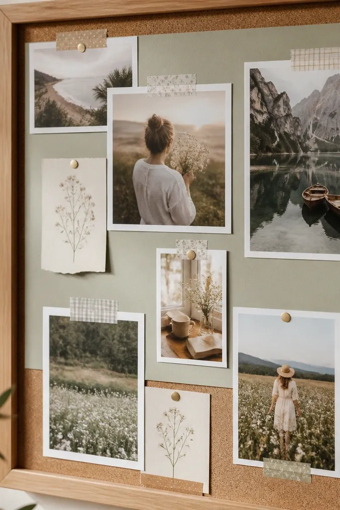 A cork board with a photo collage corner made from washi tape frames, small scripture cards, and a soft sage-green background behind the photos.