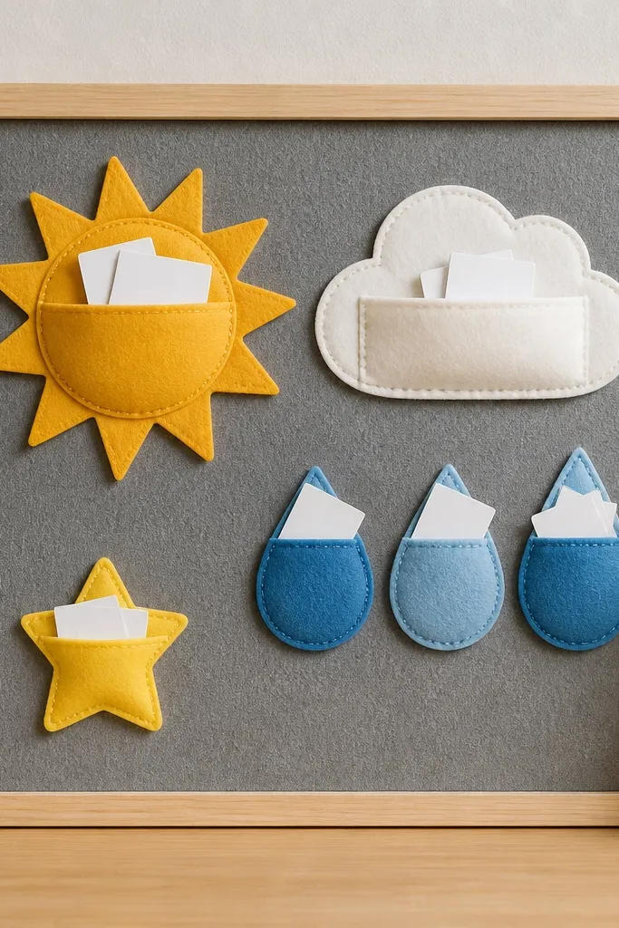 A felt board with felt icons: a sun, cloud, and raindrops, each with a pocket holding prayer cards, plus a small star pocket for thank-yous.