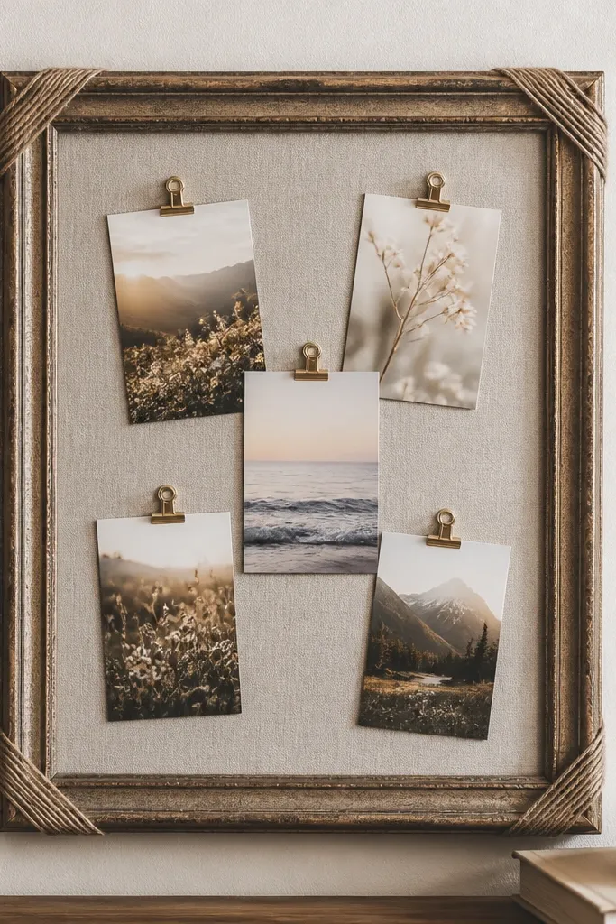 A thrifted picture frame mounted on a wall with a linen cloth backing, several scripture cards clipped with mini binder clips, and twine wrapped around the frame corners.