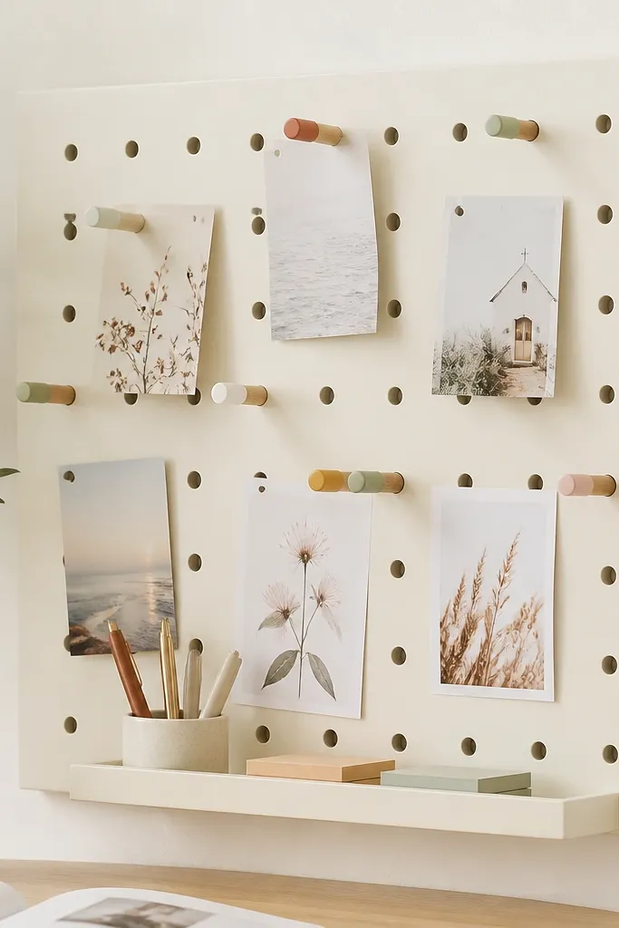 A white pegboard painted cream with color-dipped wooden pegs holding prayer cards, plus a small shelf for pens and sticky notes.