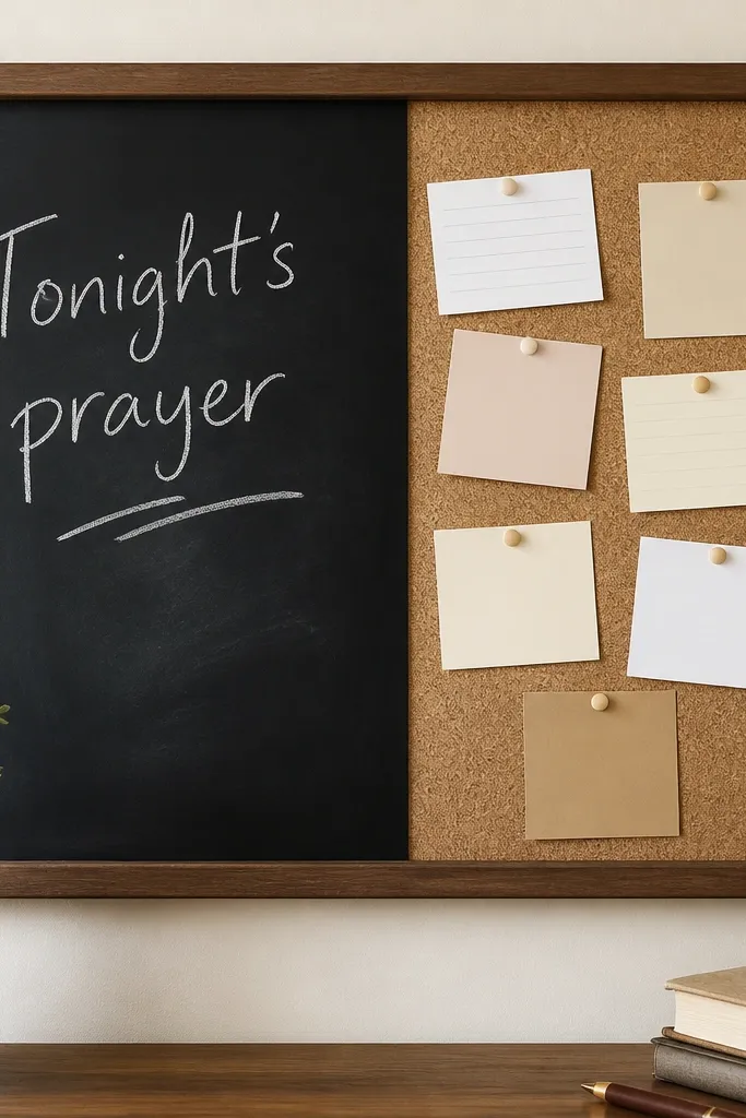A board split into chalkboard left and cork right, with a handwritten “Tonight’s prayer” in white chalk and pinned prayer requests on the cork side.