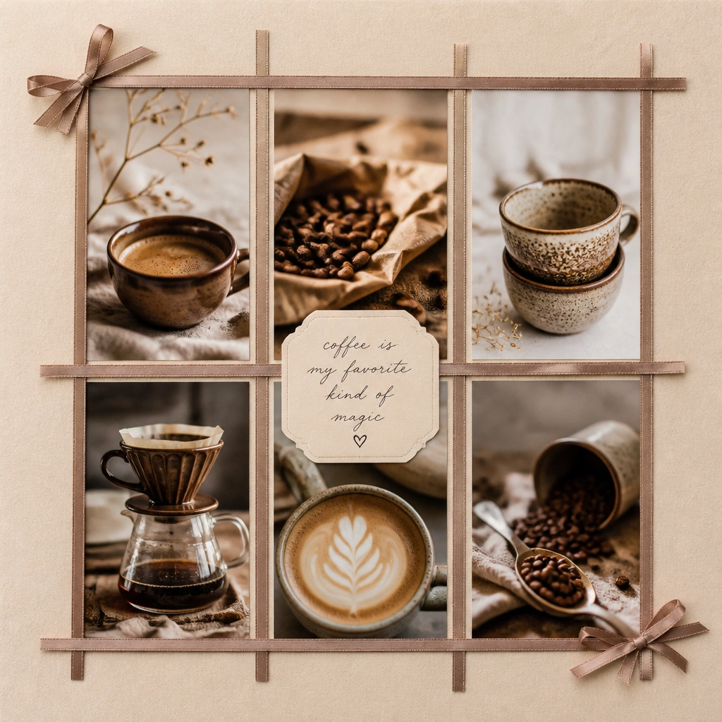 A grid collage on beige cardstock with coffee-themed photo strips; thin satin ribbon forms gentle borders; a small handwritten quote sits in the center on a label sticker.