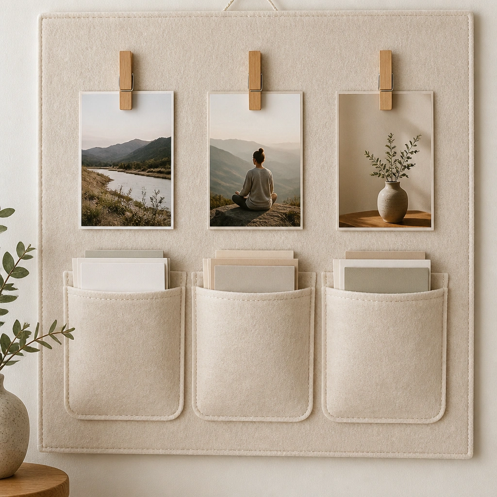 A felt fabric board with three stitched pockets; each pocket holds folded goal cards; photos are secured above pockets with wooden clips; the background is light oatmeal.