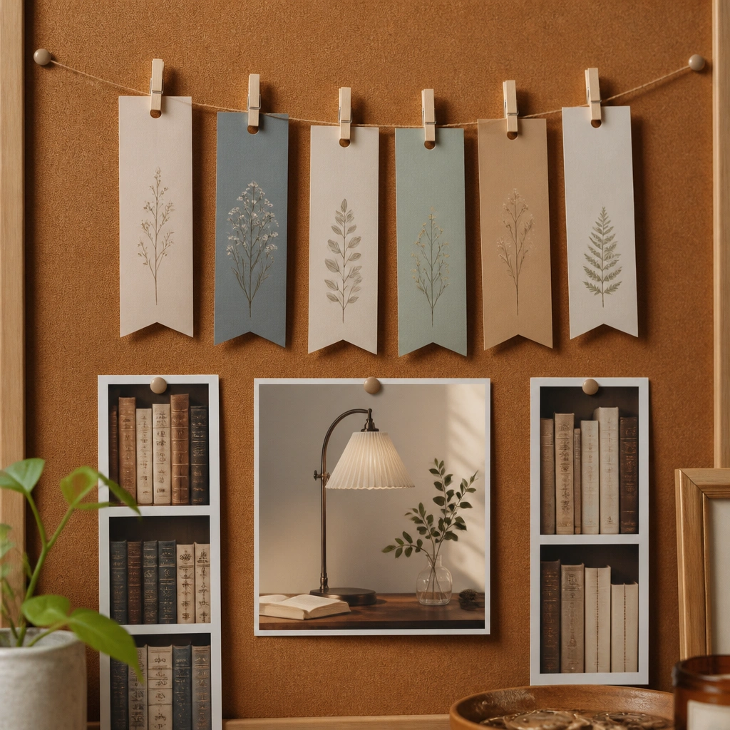 A corkboard with book-spine photo strips, a small lamp photo in the center, and multiple bookmark-shaped goal cards hanging from a wire line with mini clips.