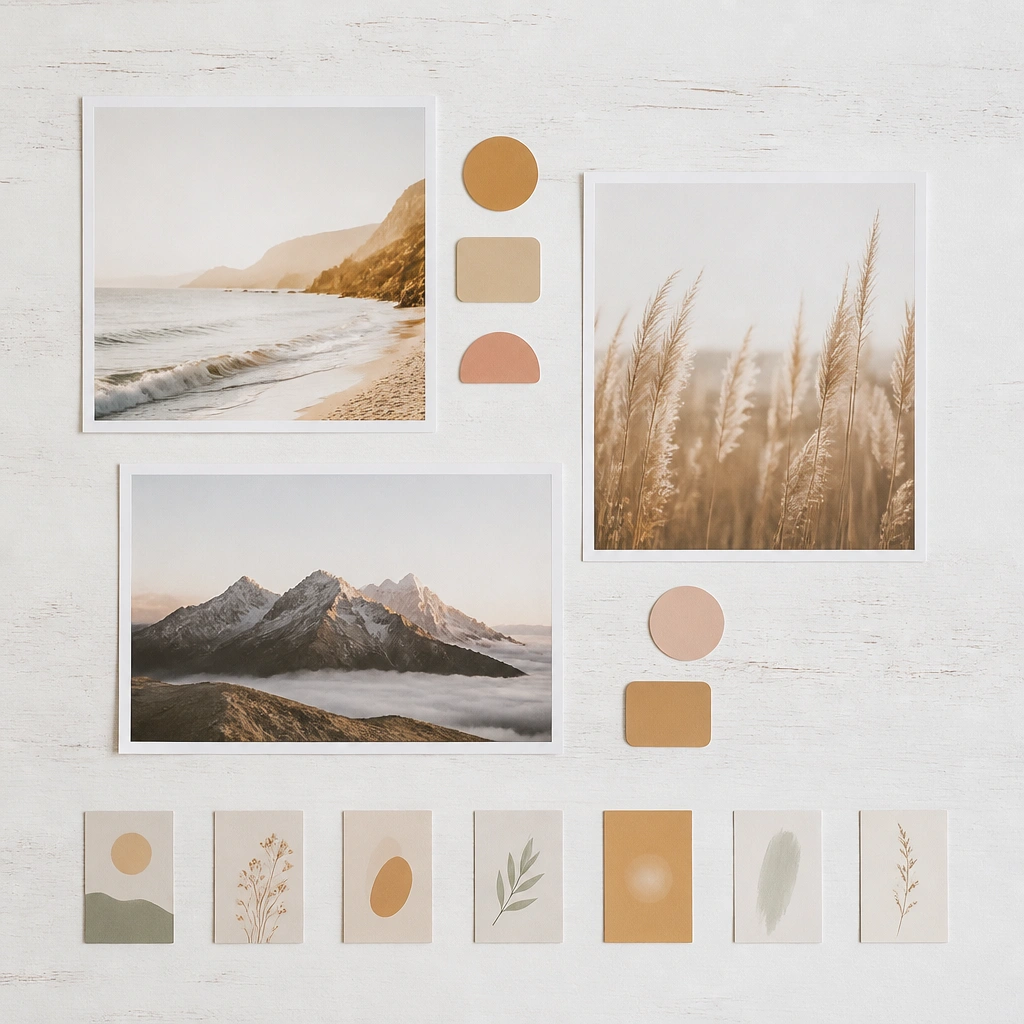 A whitewashed wood board with a few large photo prints, small warm-color sticker labels, and a single line of tiny “affirmation” cards; everything has lots of negative space.