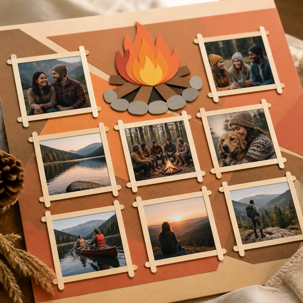 A board with small photo squares framed by thin wood craft sticks arranged like matchsticks; warm orange and brown papers surround the photos; a faux “campfire” graphic sits near the top.