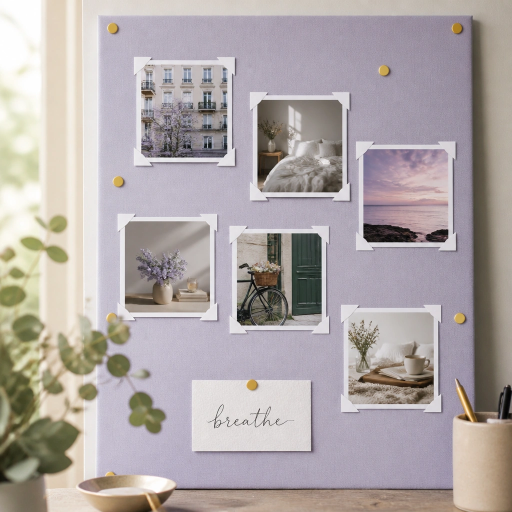 A board covered in pale lavender paper with honey-yellow accent dots; multiple Polaroid-style photo prints with white corner tabs; a handwritten “breathe” card at the bottom.