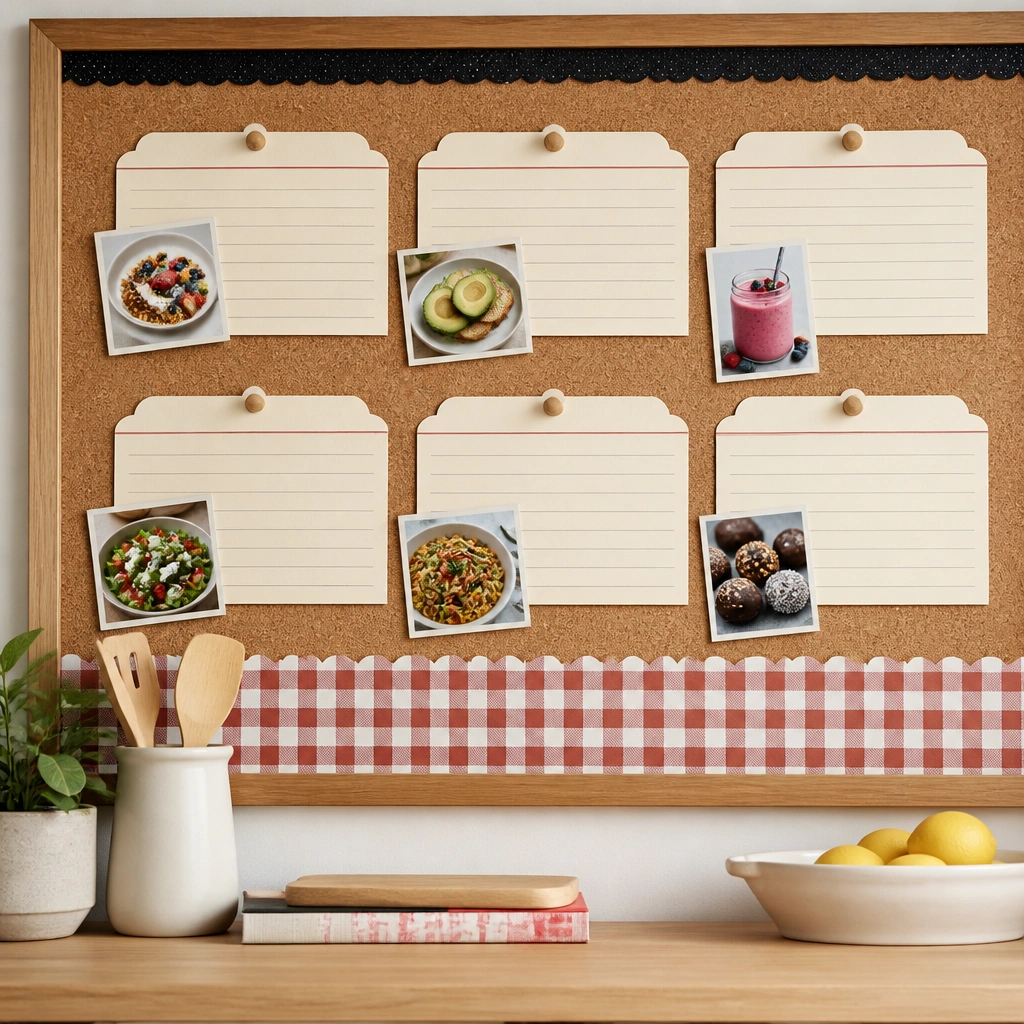 A bulletin board styled like a kitchen counter: recipe-card shaped goal cards with handwritten headings, small food photo cutouts, and a strip of gingham paper along the bottom.