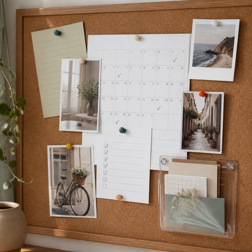 A corkboard with layered planner page prints; dates and checkmarks are visible; photos are pinned with colorful thumbtacks; a small transparent pocket holds notes.
