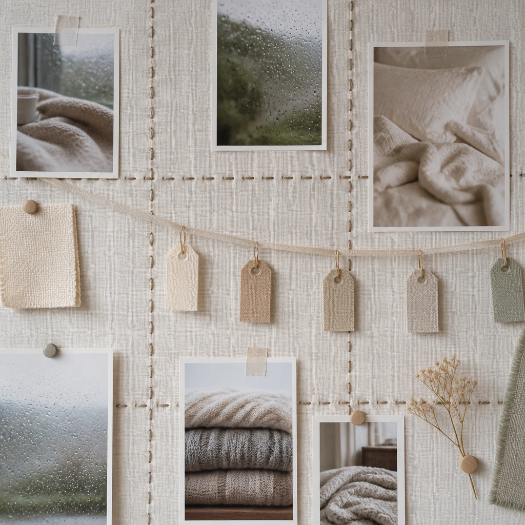 A fabric board with thick tape lines resembling stitching; images of blankets and rainy windows; small goal tags hang from a ribbon line.