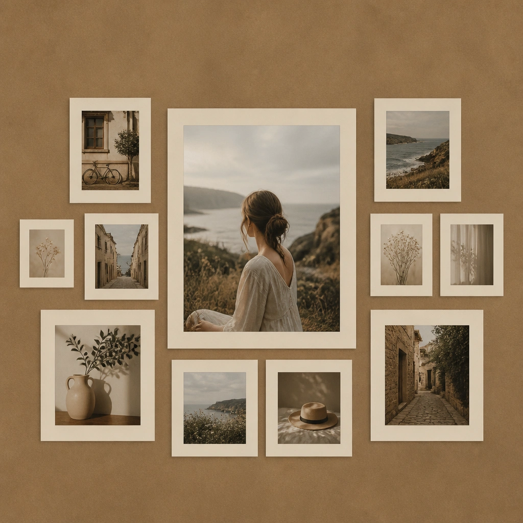 A collage arranged like a gallery wall: several small frames (paper frames) around photos, with a larger central photo and two side clusters; warm brown paper background.