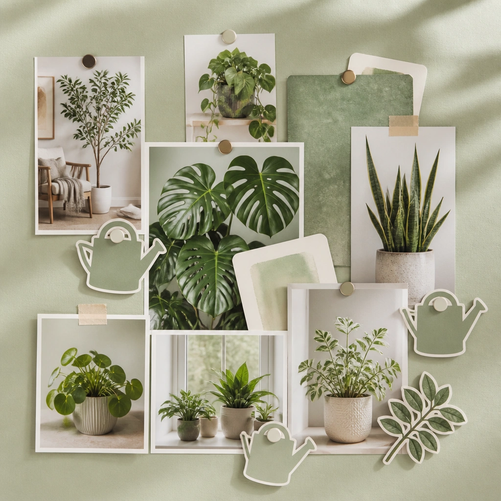 A vision board with houseplant photos, pale green background, and small watering can-shaped labels; a few goal cards are tucked behind plant cutouts.