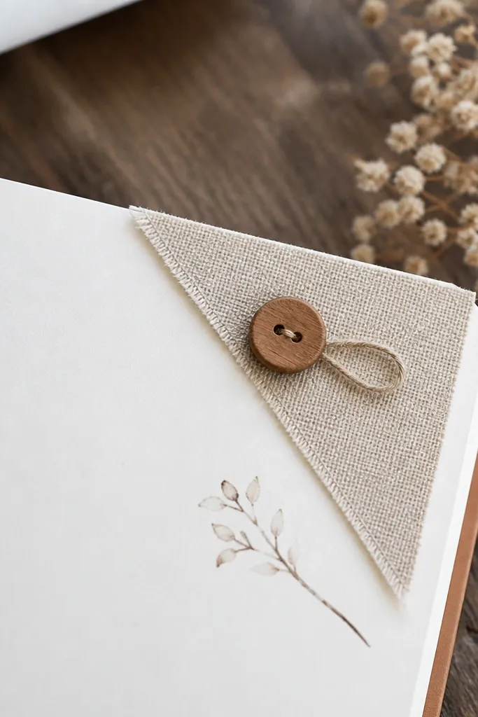 A corner of the diary page is decorated with a small triangle fabric swatch in oatmeal linen. A tiny wooden button sits on top with a short thread loop, and a short note is written below.