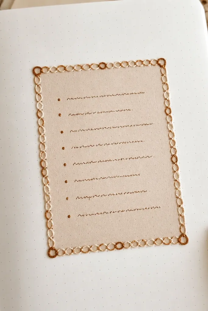 A page has a centered cardstock rectangle outlined with looping gel pen stitches. The box is filled with small handwritten bullet lines, and the outline uses warm brown and cream ink tones.