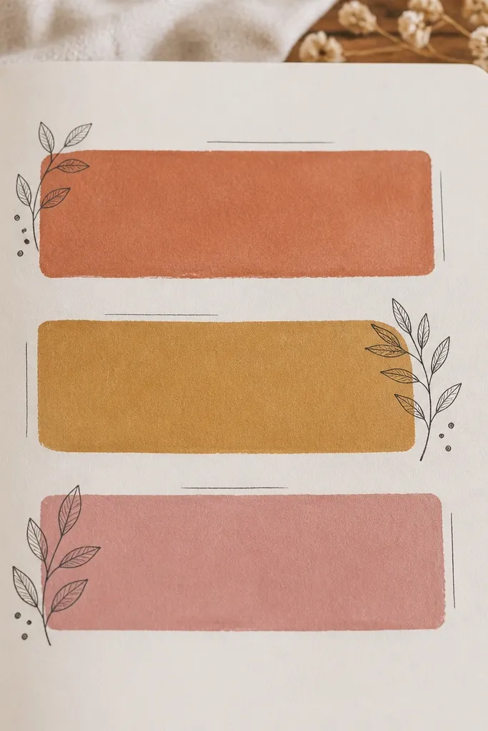 A diary page with three stacked title bars: terracotta, muted mustard, and dusty rose rectangles. Each bar has handwritten headings in dark gray, with small leaf doodles in the margins.