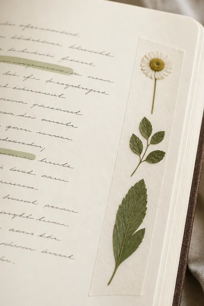 A page margin holds a pressed tiny daisy and a few pressed leaves in a clear tape outline. The main writing is on cream paper, with key words highlighted in sage green ink.