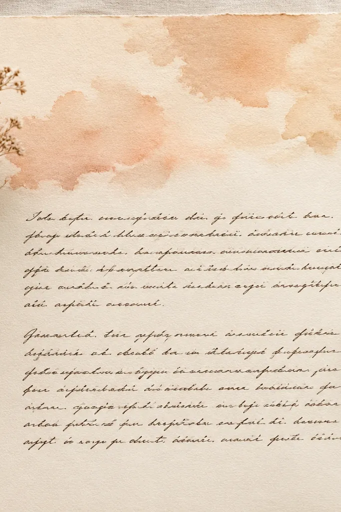 A watercolor wash spreads like soft clouds across the top third in warm beige and pale peach. Below it, handwritten paragraphs in dark brown ink sit clean and readable.