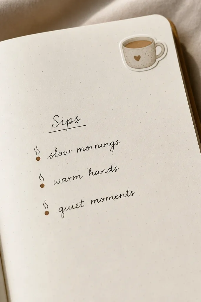 A diary page with a small cup sticker in the top corner. Under it, a neat list titled “Sips” includes three handwritten lines, each with a little dot in caramel brown and a tiny steam doodle.