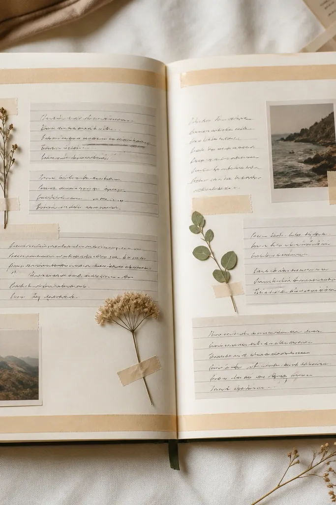 A diary spread where thin strips of printed journal lines are placed under handwritten text. The overlay creates gentle structure, with a warm border made from masking tape at the edges.