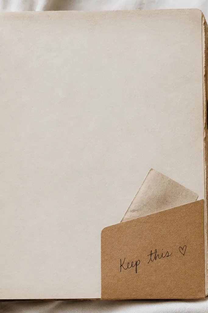 A page with a small pocket made from kraft paper in the bottom right corner. A folded note is tucked inside, and a handwritten label reads “Keep this” with a heart beside it.