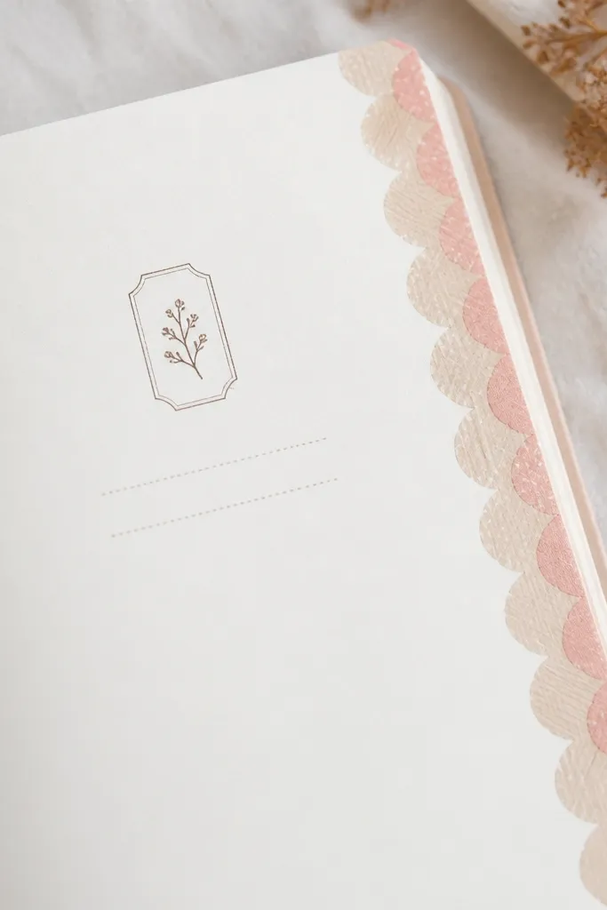 A diary page edge is decorated with scallop-like washi tape patterns in oatmeal and blush. A small date stamp sits near the top center, with a short “Today felt…” sentence below.