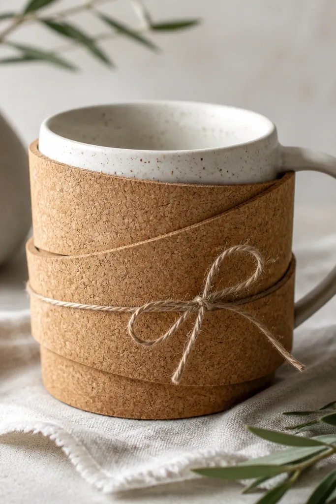 A mug held in place by a spiral strip of cork wrapped around the outside, with the cork ends tucked neatly and a small twine bow securing it.
