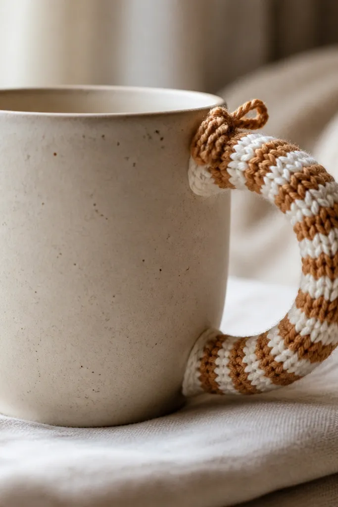 A mug with a thick knit-looking yarn wrap around the handle only, in a caramel-and-cream striped pattern, with neat yarn loops and a small knot at the top.