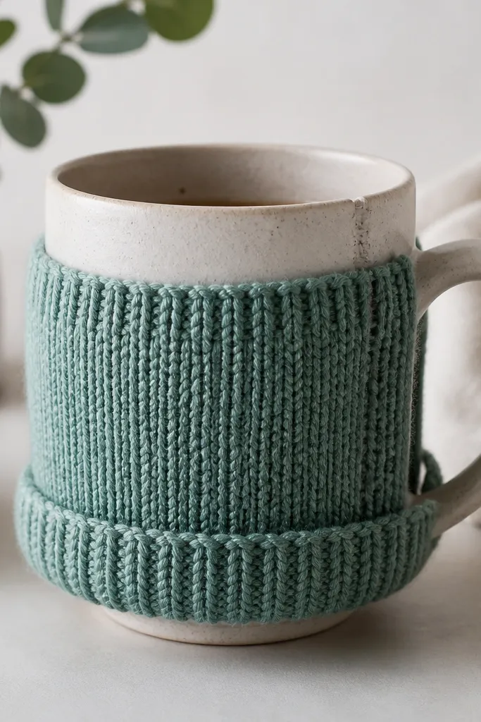 A mug wearing a soft sweater cuff in dusty teal with ribbed edges, the cuff rolled slightly upward, and a small stitched seam visible near the back.